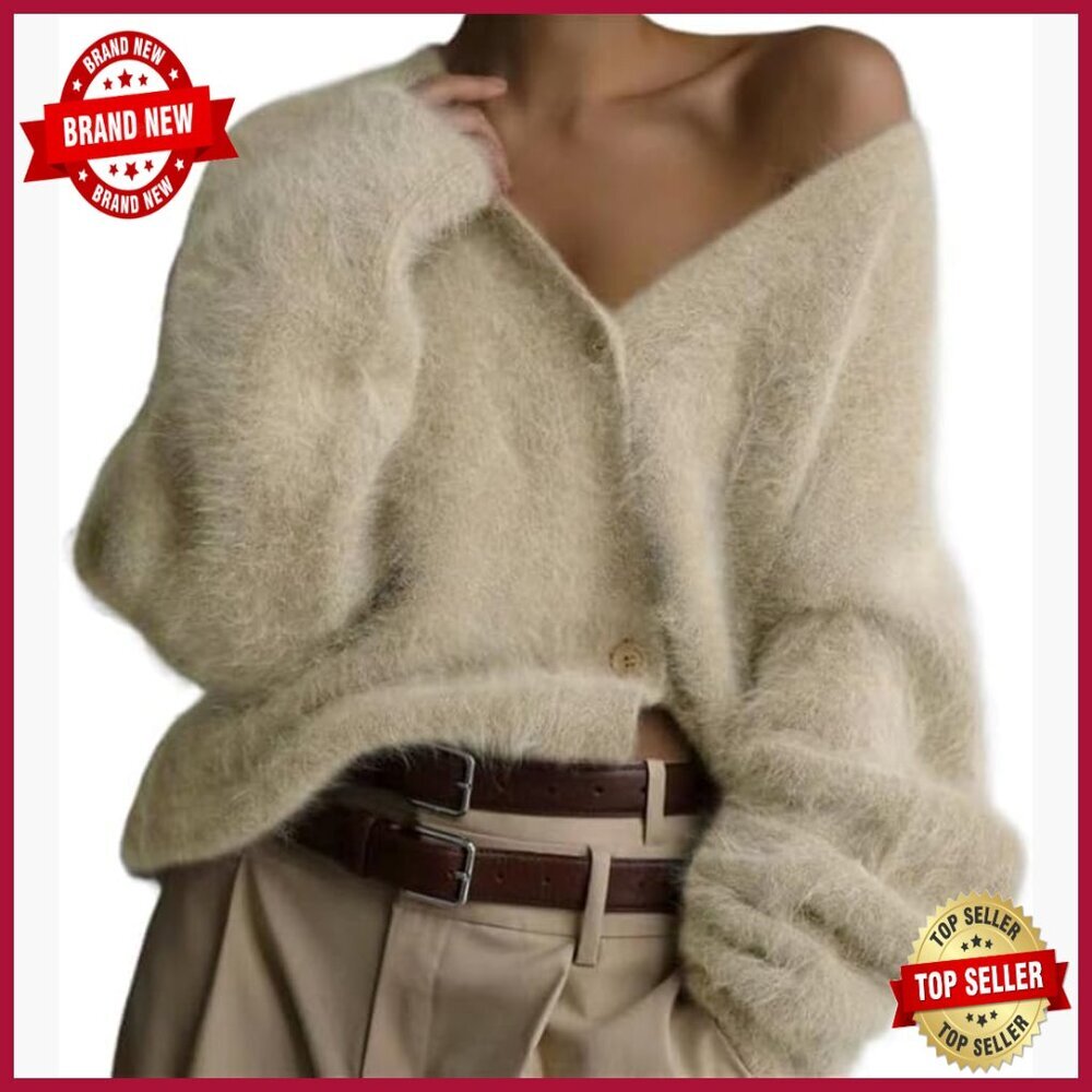 Oversized Mohair Cardigan V-Neck Button Down Fuzzy Sweater Loose Fit